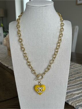Upcycled Authentic Stamped A25V Chanel Crystal CC Heart Charm on 14K GP Necklace